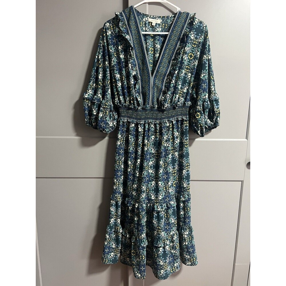 Max Studio Long Sleeve Ruffle V-Neck Floral Tier Midi Smock Waist Dress M Boho